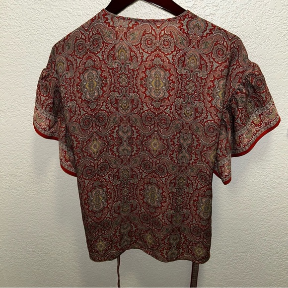 Max Studio Red and Brown Flutter Sleeve Wrap Blouse - Picture 3 of 8